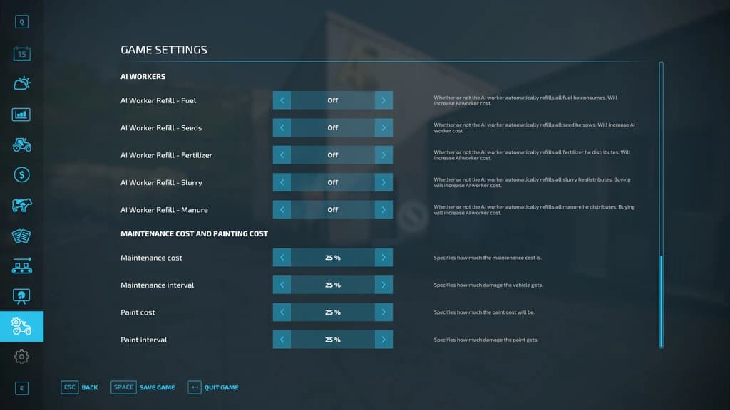 REPAIR AND PAINT SETTINGS