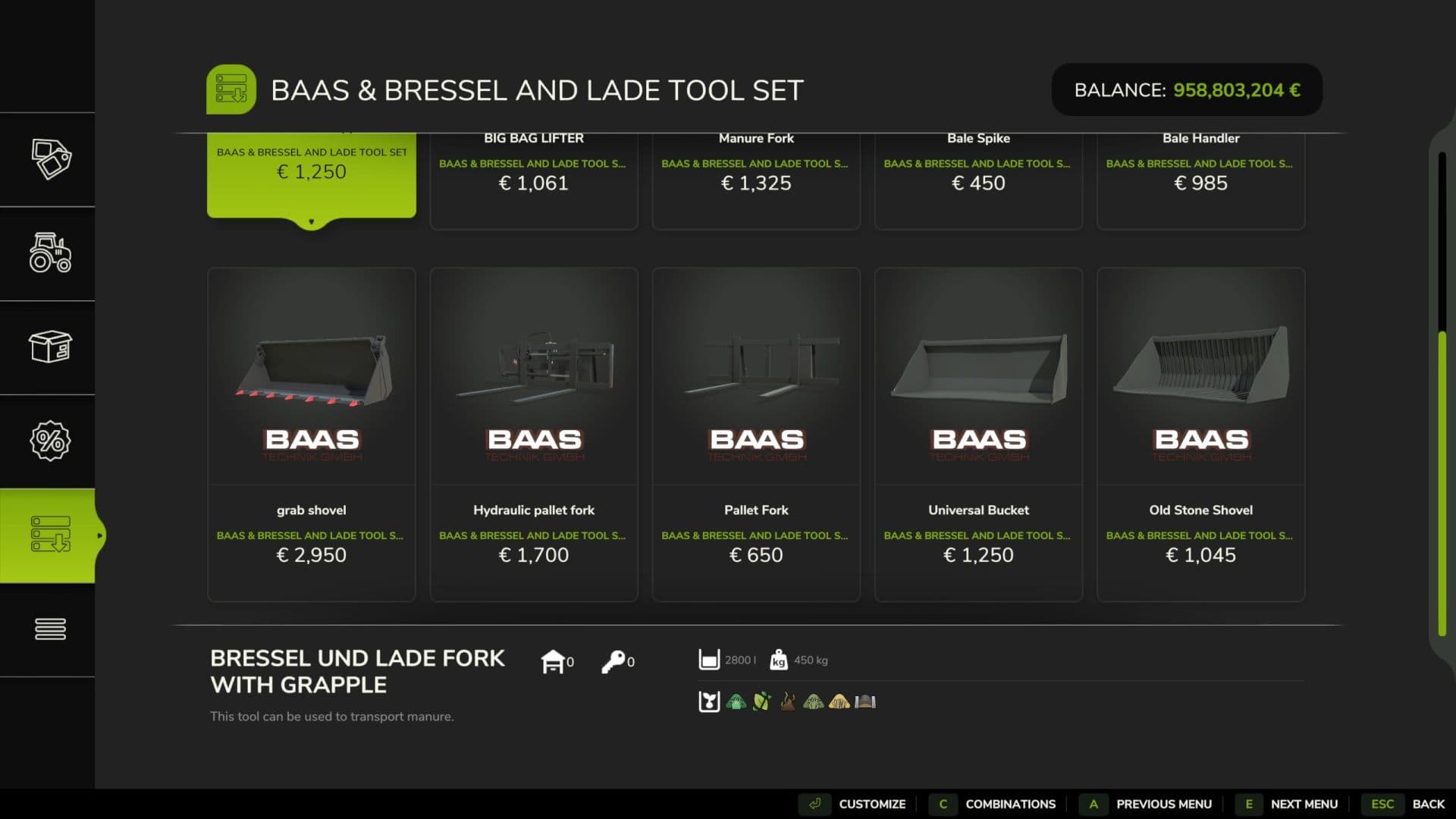 Baas front loader tool set 3