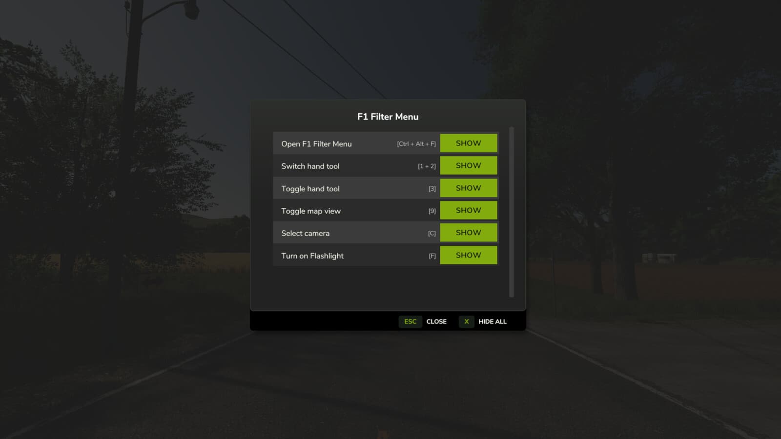 F1 Filter Menu