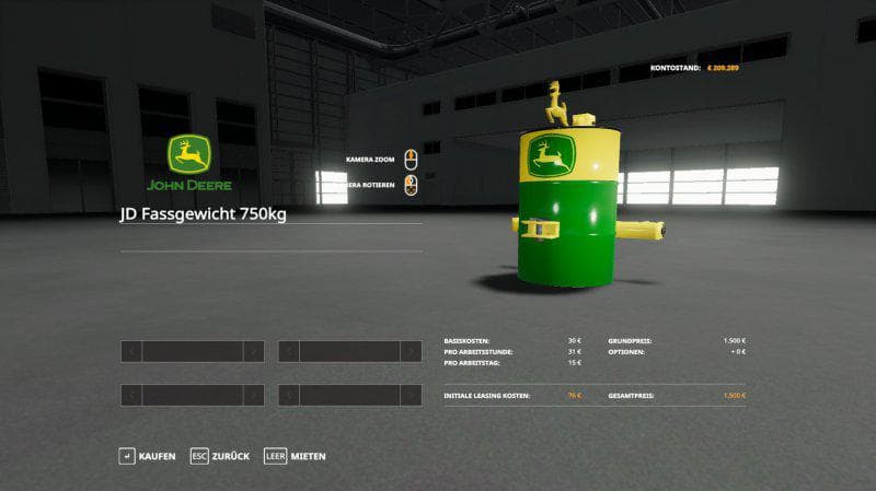 JOHN DEERE BARREL WEIGHT 750KG
