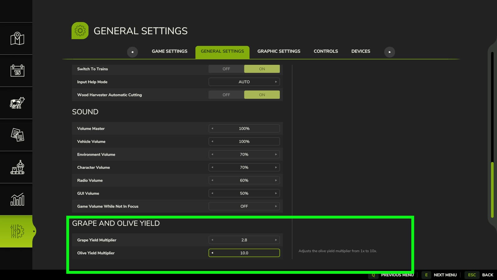 Grape And Olive Yield Settings